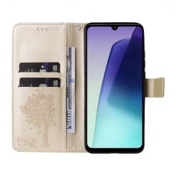 Lacné Kryty | Peňaženkové puzdro Embossing Pattern Strom a mačka zlaté – Xiaomi Redmi 14C / Poco C75 | Lacné Kryty