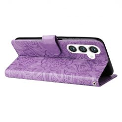 Lacné Kryty | Peňaženkové puzdro Embossing Pattern Slnečnica fialové – Samsung Galaxy S25+ (S25 Plus) | Lacné Kryty