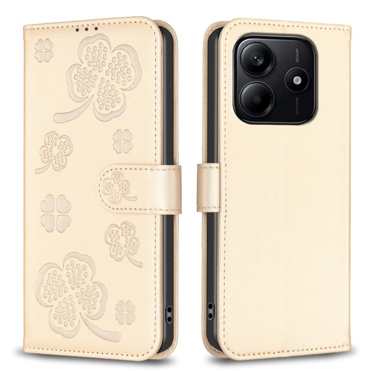 Peňaženkové puzdro Embossing Pattern case Štvorlístky zlaté – Xiaomi Redmi Note 14 (4G) | Lacné Kryty Lacné Kryty | Peňaženkové puzdro Embossing Pattern case Štvorlístky zlaté – Xiaomi Redmi Note 14 (4G) | Lacné Kryty