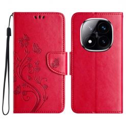 Lacné Kryty | Peňaženkové puzdro Embossing Pattern Motýľ a kvet červené – Xiaomi Redmi Note 14 Pro+ 5G | Lacné Kryty