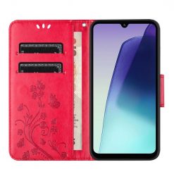 Lacné Kryty | Peňaženkové puzdro Embossing Pattern Motýľ a kvet červené – Xiaomi Redmi Note 14 Pro+ 5G | Lacné Kryty