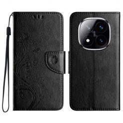 Lacné Kryty | Peňaženkové puzdro Embossing Pattern Motýľ a kvet čierne – Xiaomi Redmi Note 14 Pro+ 5G | Lacné Kryty