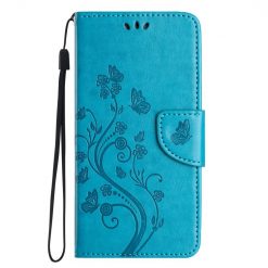 Peňaženkové puzdro Embossing Pattern Motýľ a kvet modré – Xiaomi Redmi Note 14 Pro+ 5G