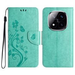 Lacné Kryty | Peňaženkové puzdro Embossing Pattern Motýľ a kvet zelené – Xiaomi Redmi Note 14 Pro+ 5G | Lacné Kryty