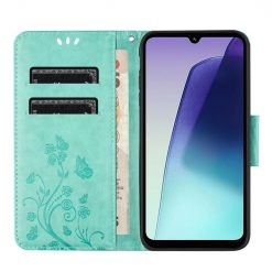 Lacné Kryty | Peňaženkové puzdro Embossing Pattern Motýľ a kvet zelené – Xiaomi Redmi Note 14 Pro+ 5G | Lacné Kryty