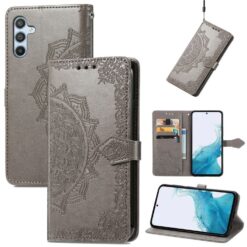 Lacné Kryty | Peňaženkové puzdro Embossing Pattern Mandala Flower sivé – Samsung Galaxy A56 | Lacné Kryty