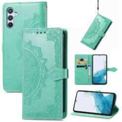 Lacné Kryty | Peňaženkové puzdro Embossing Pattern Mandala Flower zelené – Samsung Galaxy A56 | Lacné Kryty