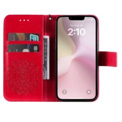 Peňaženkové puzdro Embossing Pattern Slnečnica červené – Apple iPhone 16e / 17e | Lacné Kryty Lacné Kryty | Peňaženkové puzdro Embossing Pattern Slnečnica červené – Apple iPhone 16e / 17e | Lacné Kryty