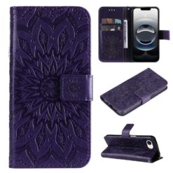 Lacné Kryty | Peňaženkové puzdro Embossing Pattern Slnečnica fialové – Apple iPhone 16e / 17e | Lacné Kryty