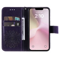 Lacné Kryty | Peňaženkové puzdro Embossing Pattern Slnečnica fialové – Apple iPhone 16e / 17e | Lacné Kryty