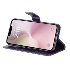 Lacné Kryty | Peňaženkové puzdro Embossing Pattern Slnečnica fialové – Apple iPhone 16e / 17e | Lacné Kryty