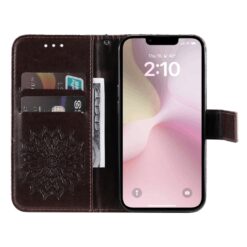 Lacné Kryty | Peňaženkové puzdro Embossing Pattern Slnečnica hnedé – Apple iPhone 16e / 17e | Lacné Kryty