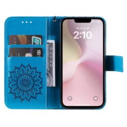 Peňaženkové puzdro Embossing Pattern Slnečnica modré – Apple iPhone 16e / 17e | Lacné Kryty Lacné Kryty | Peňaženkové puzdro Embossing Pattern Slnečnica modré – Apple iPhone 16e / 17e | Lacné Kryty