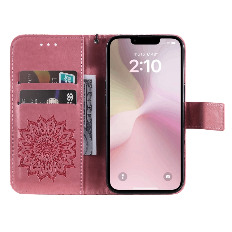 Peňaženkové puzdro Embossing Pattern Slnečnica ružové – Apple iPhone 16e / 17e | Lacné Kryty Lacné Kryty | Peňaženkové puzdro Embossing Pattern Slnečnica ružové – Apple iPhone 16e / 17e | Lacné Kryty
