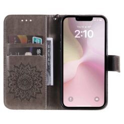 Lacné Kryty | Peňaženkové puzdro Embossing Pattern Slnečnica sivé – Apple iPhone 16e / 17e | Lacné Kryty