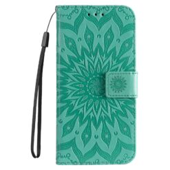 Lacné Kryty | Peňaženkové puzdro Embossing Pattern Slnečnica zelené – Apple iPhone 16e / 17e | Lacné Kryty
