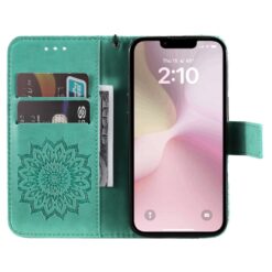 Peňaženkové puzdro Embossing Pattern Slnečnica zelené – Apple iPhone 16e / 17e | Lacné Kryty Lacné Kryty | Peňaženkové puzdro Embossing Pattern Slnečnica zelené – Apple iPhone 16e / 17e | Lacné Kryty