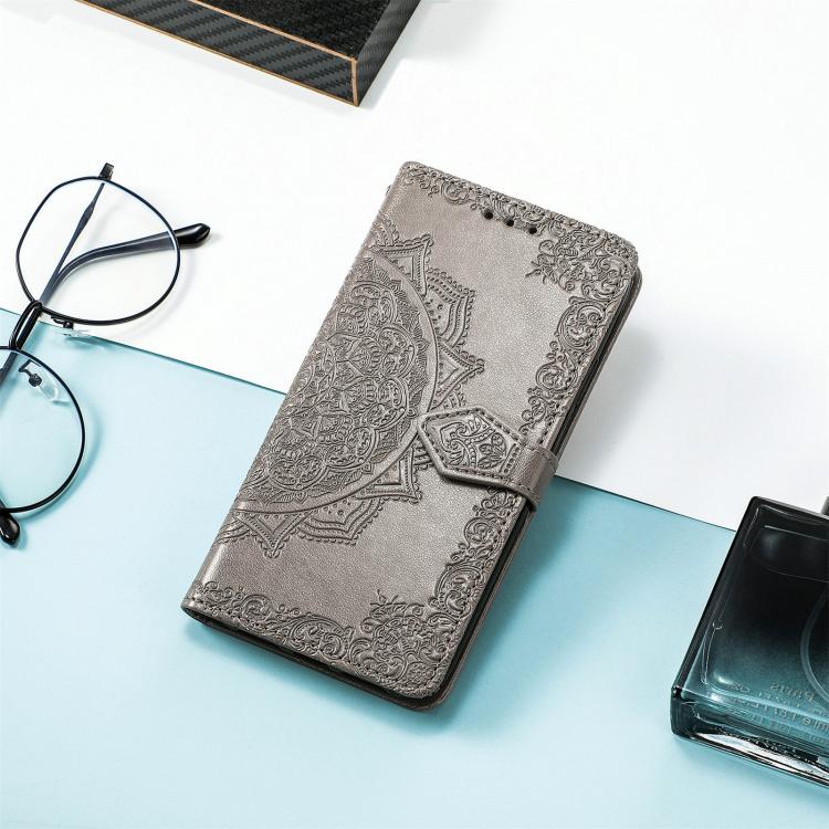 Peňaženkové puzdro Embossing Pattern Mandala Flower sivé – Nothing Phone (3a) | Lacné Kryty Lacné Kryty | Peňaženkové puzdro Embossing Pattern Mandala Flower sivé – Nothing Phone (3a) | Lacné Kryty
