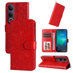 Lacné Kryty | Peňaženkové puzdro Embossing Pattern Slnečnica červené – Vivo V50 Lite | Lacné Kryty