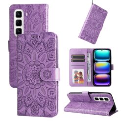 Lacné Kryty | Peňaženkové puzdro Embossing Pattern Slnečnica fialové – Infinix Hot 50 Pro+ (50 Pro Plus) | Lacné Kryty