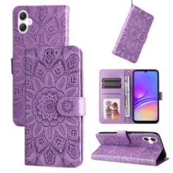 Lacné Kryty | Peňaženkové puzdro Embossing Pattern Slnečnica fialové – Samsung Galaxy A06 | Lacné Kryty