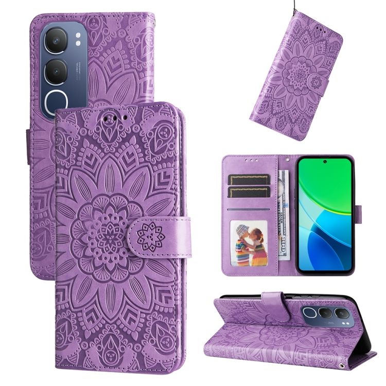 Peňaženkové puzdro Embossing Pattern Slnečnica fialové – Vivo Y19s | Lacné Kryty Lacné Kryty | Peňaženkové puzdro Embossing Pattern Slnečnica fialové – Vivo Y19s | Lacné Kryty