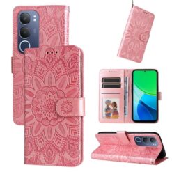 Lacné Kryty | Peňaženkové puzdro Embossing Pattern Slnečnica ružové – Vivo Y19s | Lacné Kryty