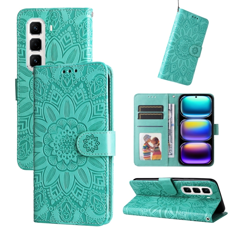 Peňaženkové puzdro Embossing Pattern Slnečnica zelené – Infinix Hot 50 Pro+ (50 Pro Plus) | Lacné Kryty Lacné Kryty | Peňaženkové puzdro Embossing Pattern Slnečnica zelené – Infinix Hot 50 Pro+ (50 Pro Plus) | Lacné Kryty