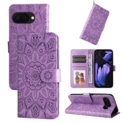 Lacné Kryty | Peňaženkové puzdro Embossing Pattern Slnečnica fialové – Google Pixel 9a | Lacné Kryty