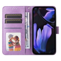 Lacné Kryty | Peňaženkové puzdro Embossing Pattern Slnečnica fialové – Google Pixel 9a | Lacné Kryty