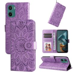 Lacné Kryty | Peňaženkové puzdro Embossing Pattern Slnečnica fialové – Motorola Moto G05 / E15 | Lacné Kryty