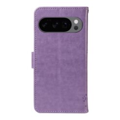 Lacné Kryty | Peňaženkové puzdro Embossing Pattern Strom a mačka fialové – Google Pixel 10 / Pixel 10 Pro | Lacné Kryty