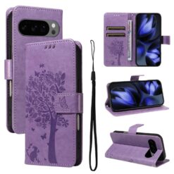 Lacné Kryty | Peňaženkové puzdro Embossing Pattern Strom a mačka fialové – Google Pixel 10 / Pixel 10 Pro | Lacné Kryty