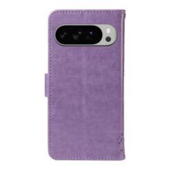 Lacné Kryty | Peňaženkové puzdro Embossing Pattern Strom a mačka fialové – Google Pixel 10 Pro XL | Lacné Kryty