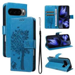 Lacné Kryty | Peňaženkové puzdro Embossing Pattern Strom a mačka modré – Google Pixel 10 / Pixel 10 Pro | Lacné Kryty