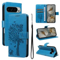 Lacné Kryty | Peňaženkové puzdro Embossing Pattern Strom a mačka modré – Google Pixel 10 Pro XL | Lacné Kryty