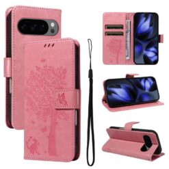 Lacné Kryty | Peňaženkové puzdro Embossing Pattern Strom a mačka ružové – Google Pixel 10 / Pixel 10 Pro | Lacné Kryty