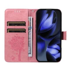Lacné Kryty | Peňaženkové puzdro Embossing Pattern Strom a mačka ružové – Google Pixel 10 / Pixel 10 Pro | Lacné Kryty