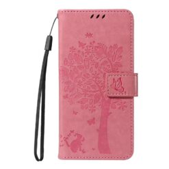 Lacné Kryty | Peňaženkové puzdro Embossing Pattern Strom a mačka ružové – Google Pixel 10 Pro XL | Lacné Kryty