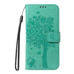 Lacné Kryty | Peňaženkové puzdro Embossing Pattern Strom a mačka zelené – Google Pixel 10 / Pixel 10 Pro | Lacné Kryty