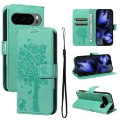 Lacné Kryty | Peňaženkové puzdro Embossing Pattern Strom a mačka zelené – Google Pixel 10 / Pixel 10 Pro | Lacné Kryty