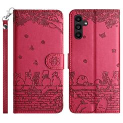 Lacné Kryty | Peňaženkové puzdro Embossing Pattern Mačky červené – Samsung Galaxy S25 FE | Lacné Kryty