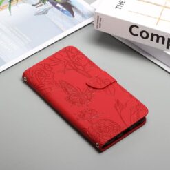 Lacné Kryty | Peňaženkové puzdro Embossing Pattern Motýľ a ruže červené – T Phone 3 | Lacné Kryty