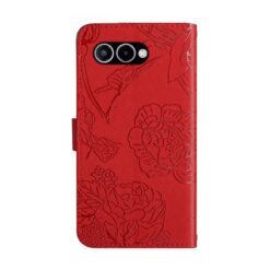 Lacné Kryty | Peňaženkové puzdro Embossing Pattern Motýľ a ruže červené – T Phone 3 | Lacné Kryty