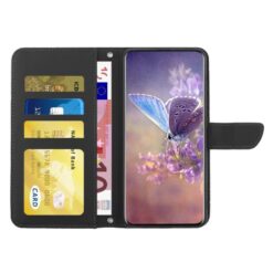 Lacné Kryty | Peňaženkové puzdro Embossing Pattern Motýľ a ruže čierne – T Phone 3 | Lacné Kryty