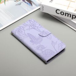 Lacné Kryty | Peňaženkové puzdro Embossing Pattern Motýľ a ruže fialové – T Phone 3 | Lacné Kryty