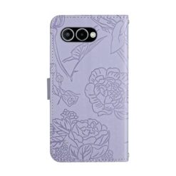 Lacné Kryty | Peňaženkové puzdro Embossing Pattern Motýľ a ruže fialové – T Phone 3 | Lacné Kryty
