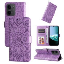 Lacné Kryty | Peňaženkové puzdro Embossing Pattern Slnečnica fialové – Xiaomi Poco C85 | Lacné Kryty