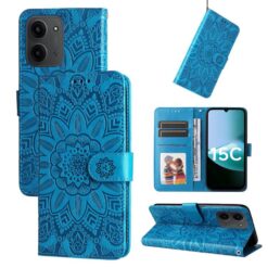 Lacné Kryty | Peňaženkové puzdro Embossing Pattern Slnečnica modré – Xiaomi Poco C85 | Lacné Kryty