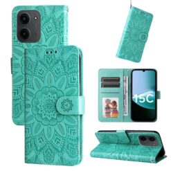 Lacné Kryty | Peňaženkové puzdro Embossing Pattern Slnečnica zelené – Xiaomi Poco C85 | Lacné Kryty
